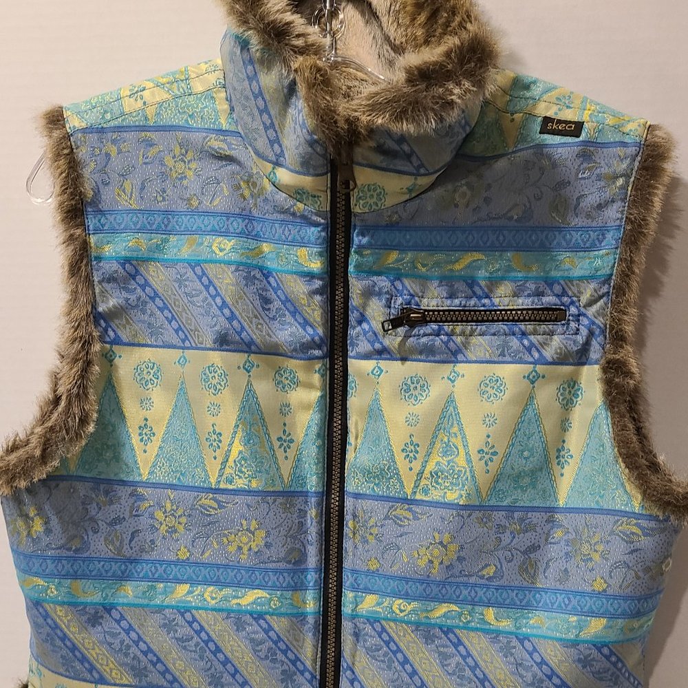 Vintage Skea Womens Brocade Faux Fur Lined Vest Jacket-Blue/Green-Med-Made in US